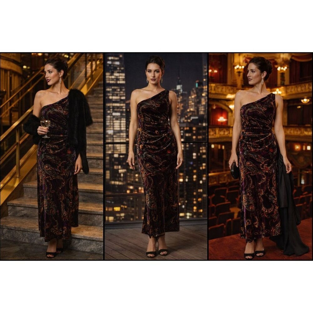New Lauren RL Women One-Shoulder Velvet Cocktail Dress Paisley 8 Boho Elegant - Picture 2 of 16